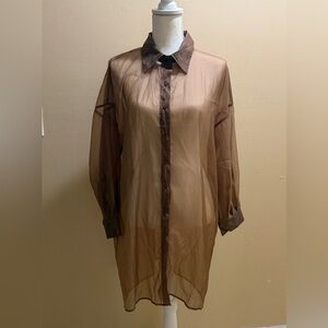 JLUXLABEL Women's S Sheer Drop Shoulder Long Sleeve Collar Button Loose Shirts